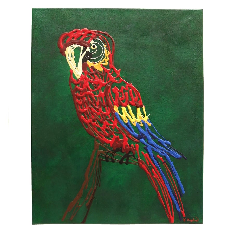 Scarlet Macaw Drip Painting - abstract acrylic bird art - Seconds Sunday