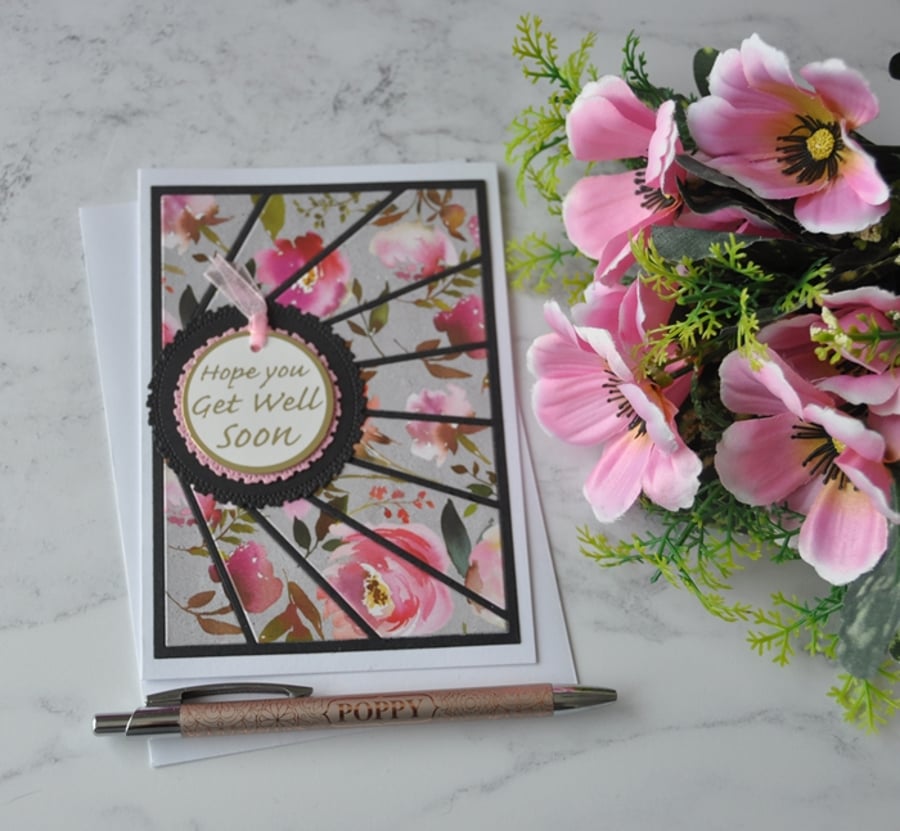 Hope You Get Well Soon Card Vintage Pink Roses Flowers 3D Luxury Handmade Card