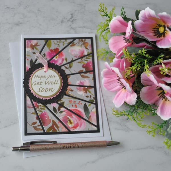 Hope You Get Well Soon Card Vintage Pink Roses Flowers 3D Luxury Handmade Card