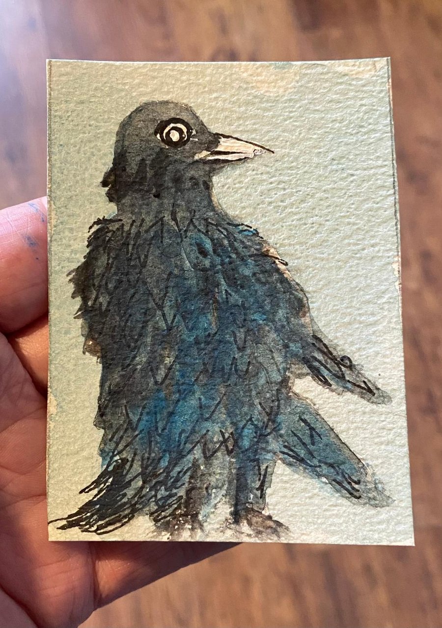 ACEO Original Watercolour, Raven, 3.5 x 2.5'', Trading Card Size