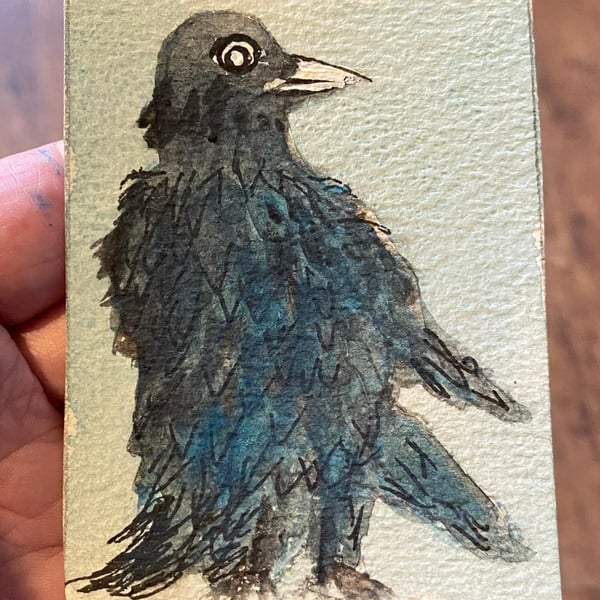 ACEO Original Watercolour, Raven, 3.5 x 2.5'', Trading Card Size