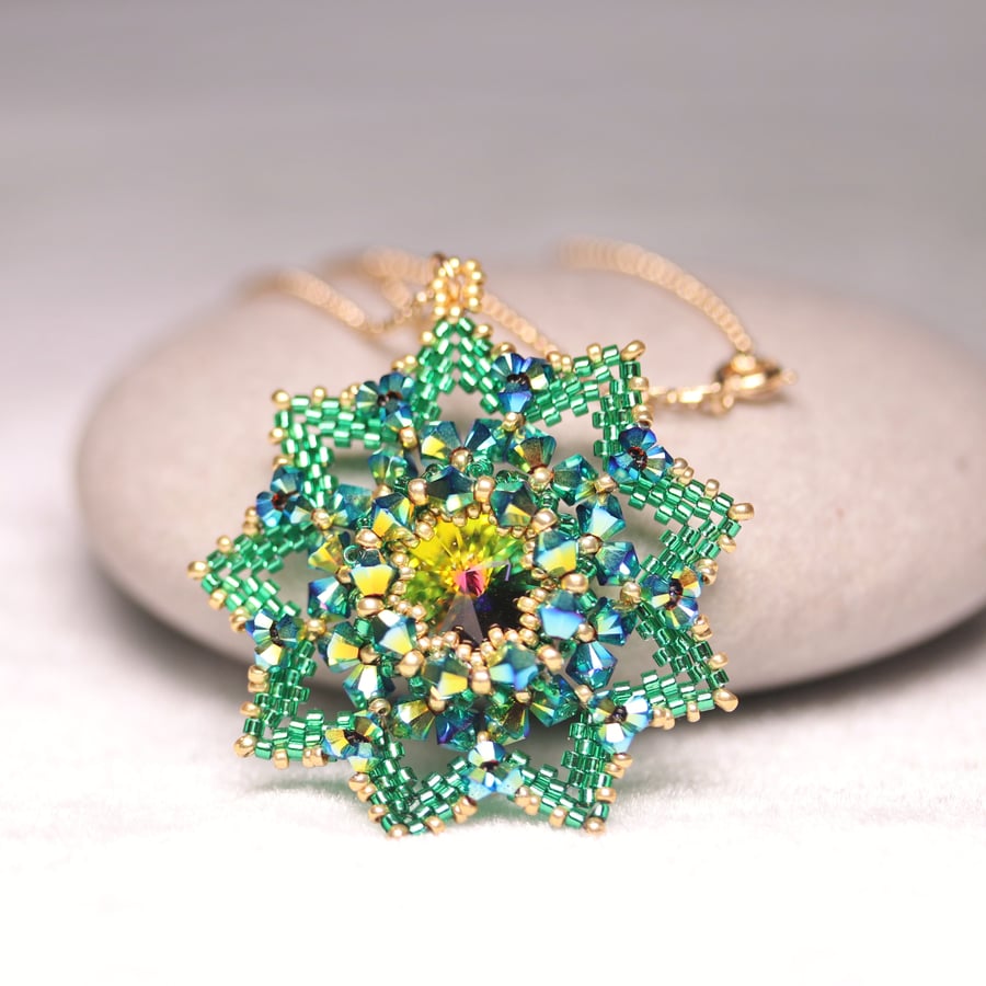 Beaded Green Star Pendant with Crystal