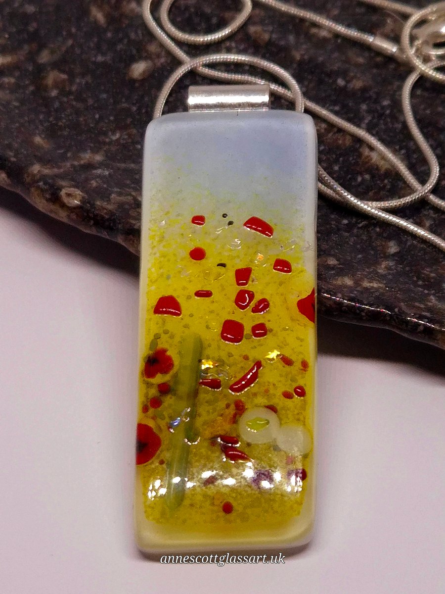 Handmade Fused Glass Pendant Necklace Poppy-field (B)