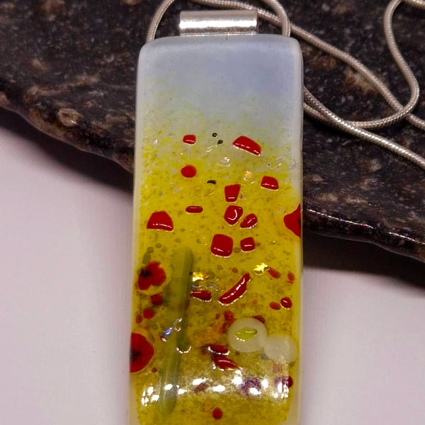 Handmade Fused Glass Pendant Necklace Poppy-field (B)