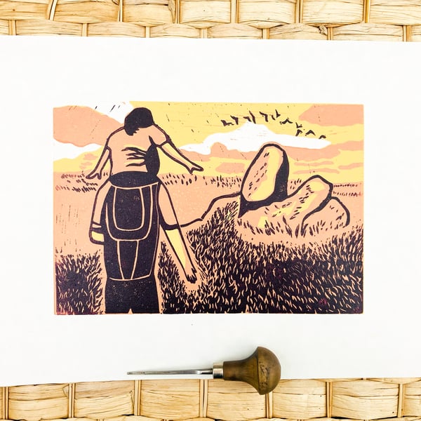 Stiperstones print, Lino print, Shropshire landscape, A3 print, unframed print