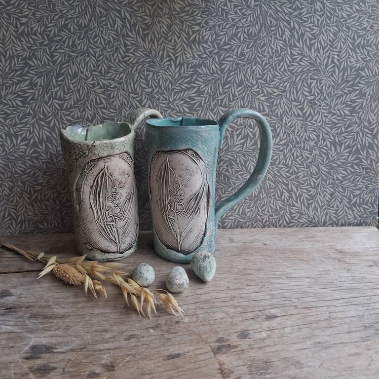Skinny blue green lilly of the valley Coffee mug Ceramic handmade ready to ship