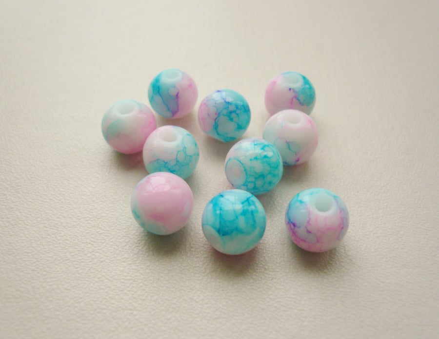 10 Pink and Blue Marble Glass Round Beads