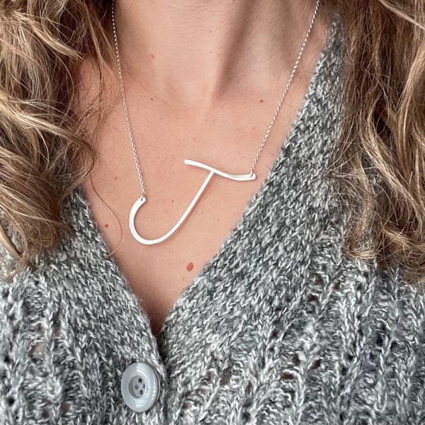 Large Stylish Letter J Necklace - Modern Trendy Silver J Initial - Bespoke 