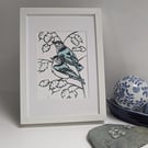 Handmade Linocut Print Nuthatches in Honesty