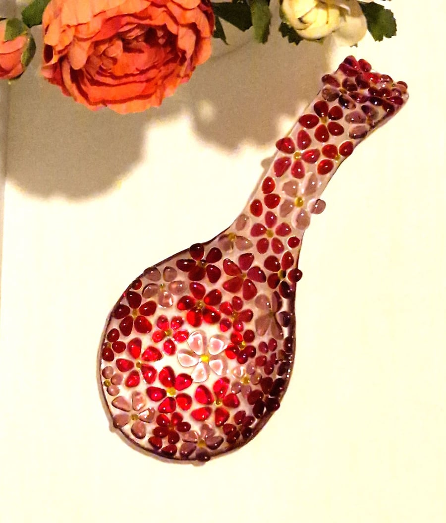 Fused glass pink ditsy spoon rest