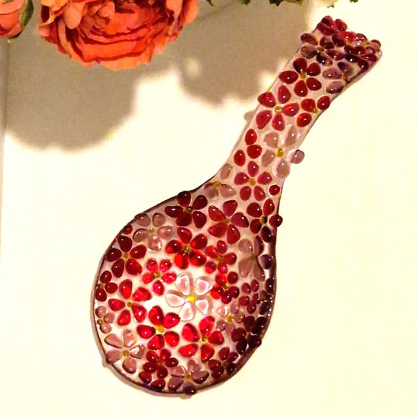 Fused glass pink ditsy spoon rest