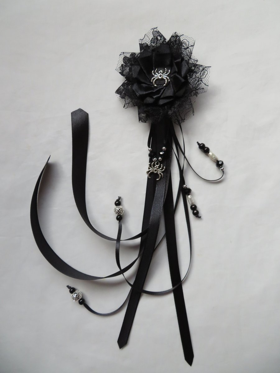 Black & Silver Gothic Style Clip in Hair Ribbons Spider Halloween Accessory