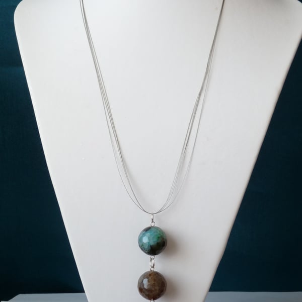 Multi Agate 3 Ball Pendant Necklace - Genuine Gemstone 