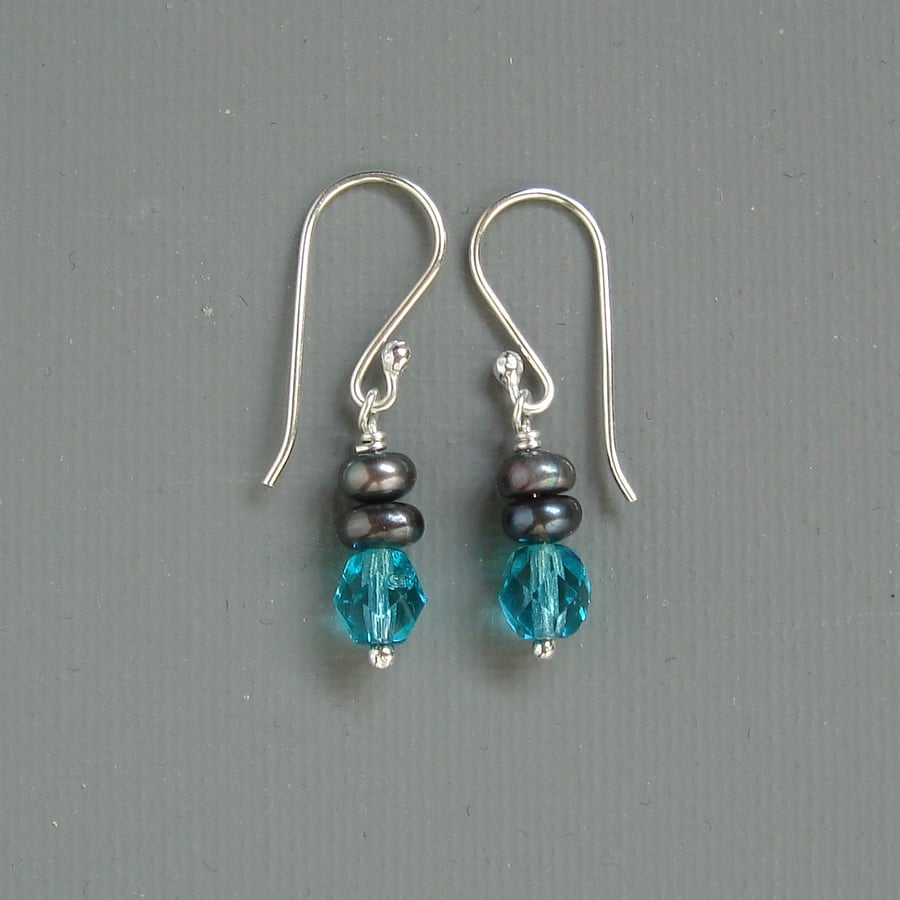 Green Czech Crystal and Grey Freshwater Pearl Sterling Silver Drop Earrings