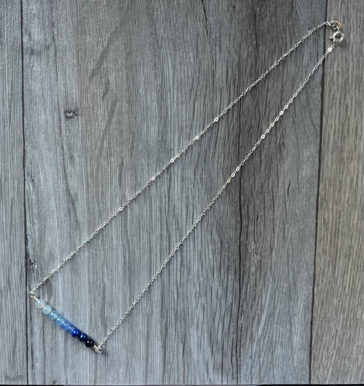 Blue ombré gemstone bar necklace in solid sterling silver