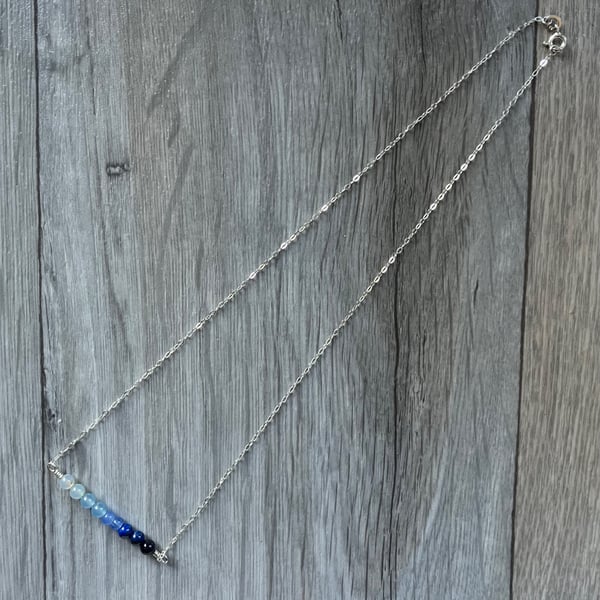 Blue ombré gemstone bar necklace in solid sterling silver