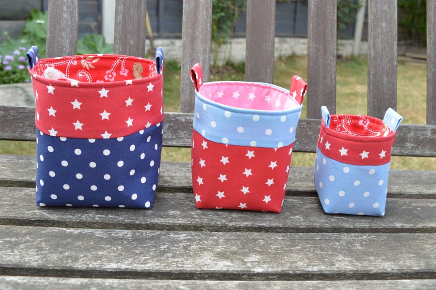 SALE  Set of three handmade fabric storage baskets in contrasting linens. 