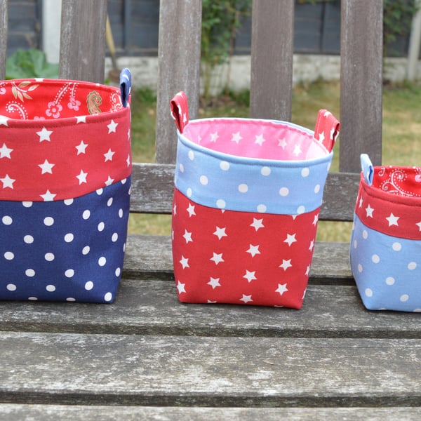 SALE  Set of three handmade fabric storage baskets in contrasting linens. 