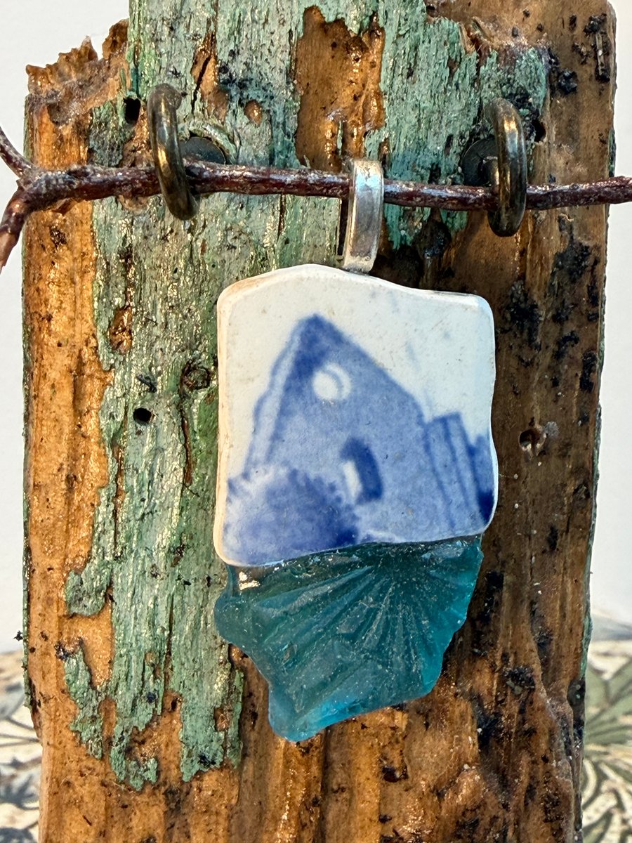 Sea glass and sea pottery sea blue pendant 