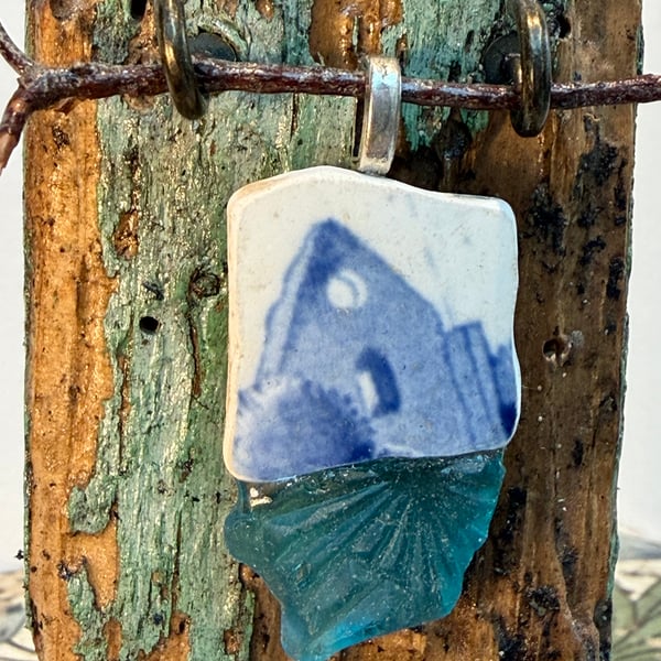 Sea glass and sea pottery sea blue pendant 