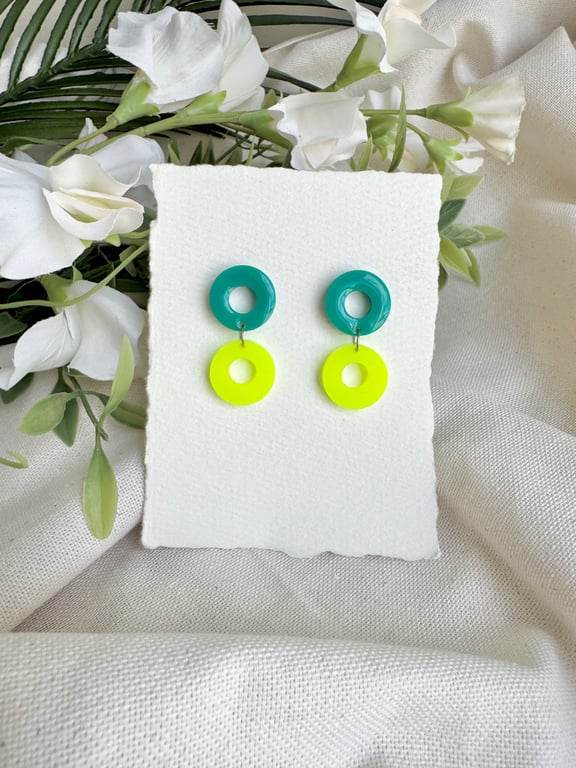 Teal and Neon Yellow Earrings - Acrylic Double Hoop