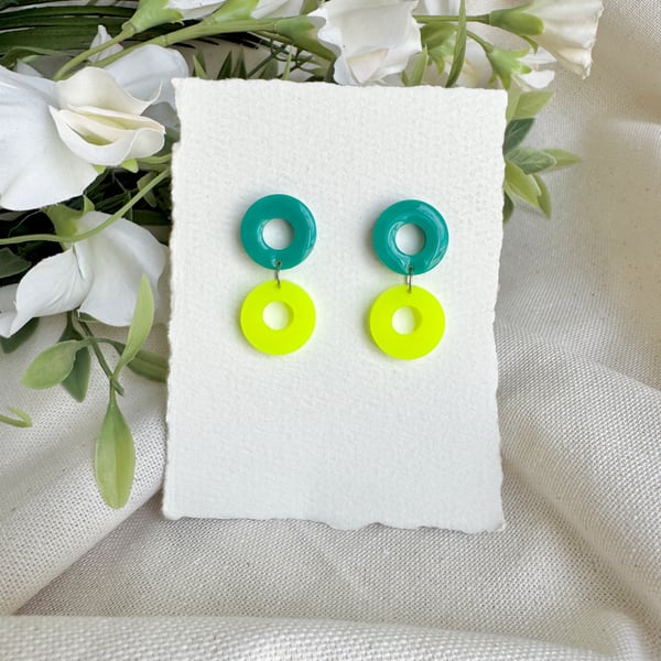 Teal and Neon Yellow Earrings - Acrylic Double Hoop