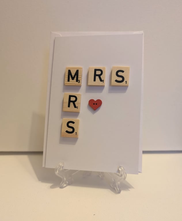 Mrs and Mrs Wedding Scrabble and button handmade greetings card 