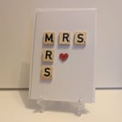 Mrs and Mrs Wedding Scrabble and button handmade greetings card 