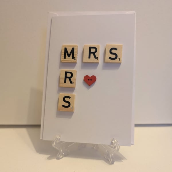 Mrs and Mrs Wedding Scrabble and button handmade greetings card 