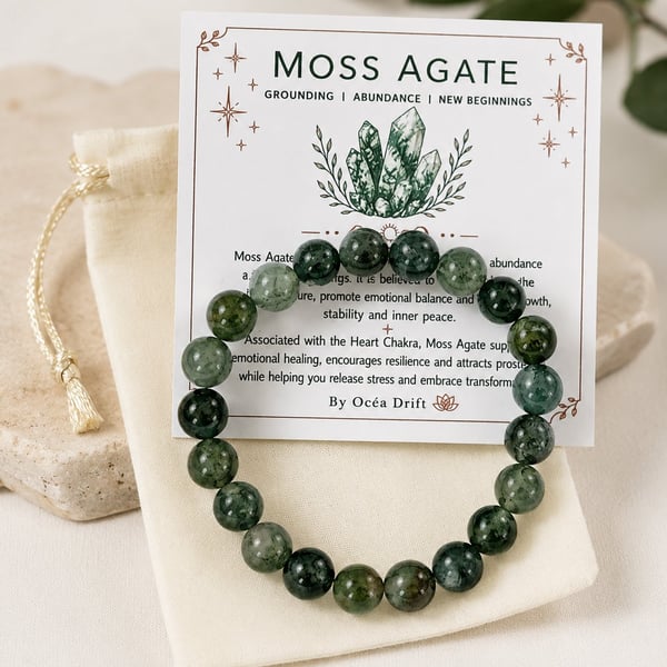 GREEN MOSS AGATE Bracelet & Crystal Meaning Card - Handmade Stretch Jewellery