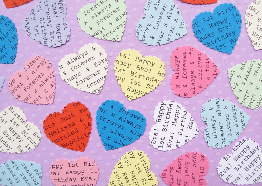 100 Personalised Scalloped Hearts Confetti - Wedding Birthday Party Decor