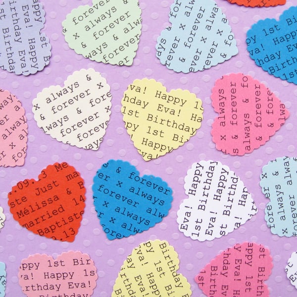 100 Personalised Scalloped Hearts Confetti - Wedding Birthday Party Decor