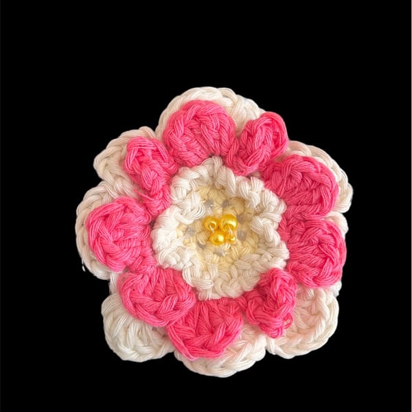 Crochet Flower Brooch with Beaded Centre, Crochet Flower Pin, Crochet Accessory 