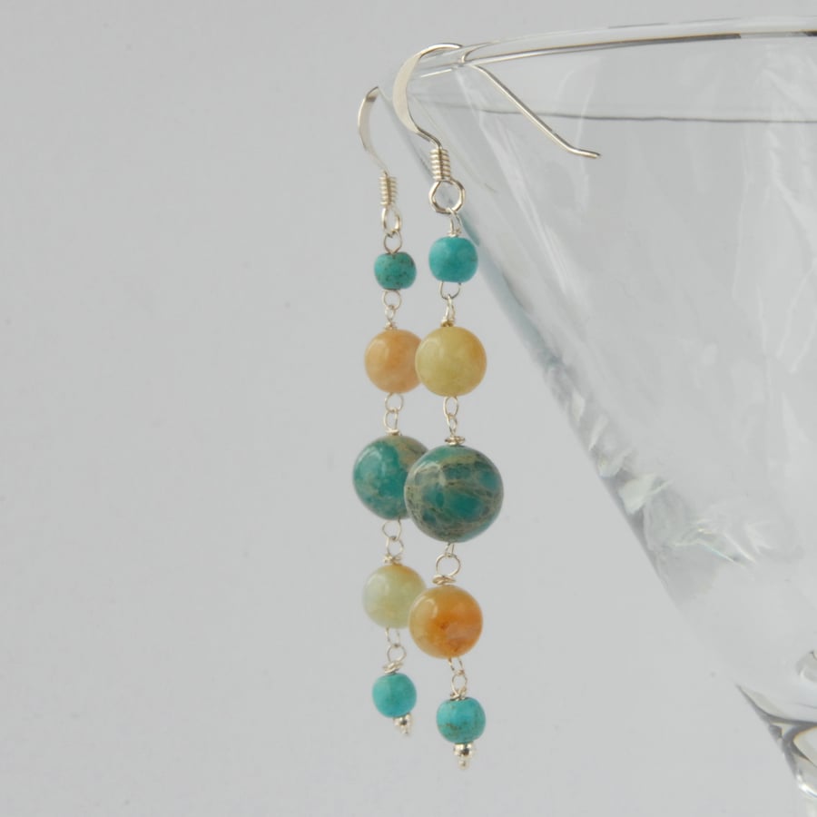 Long blue and yellow sterling silver earrings (jasper, amazonite, turquoise)