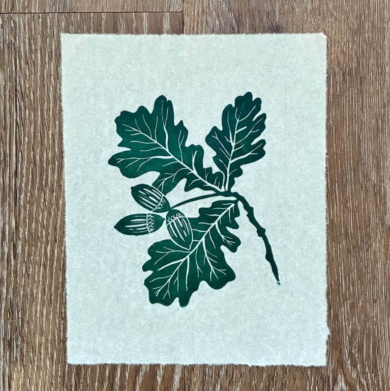 PERFECTLY IMPERFECT Oak leaf and acorn original linocut print in forest green