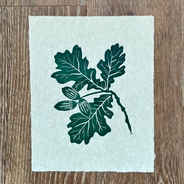 PERFECTLY IMPERFECT Oak leaf and acorn original linocut print in forest green