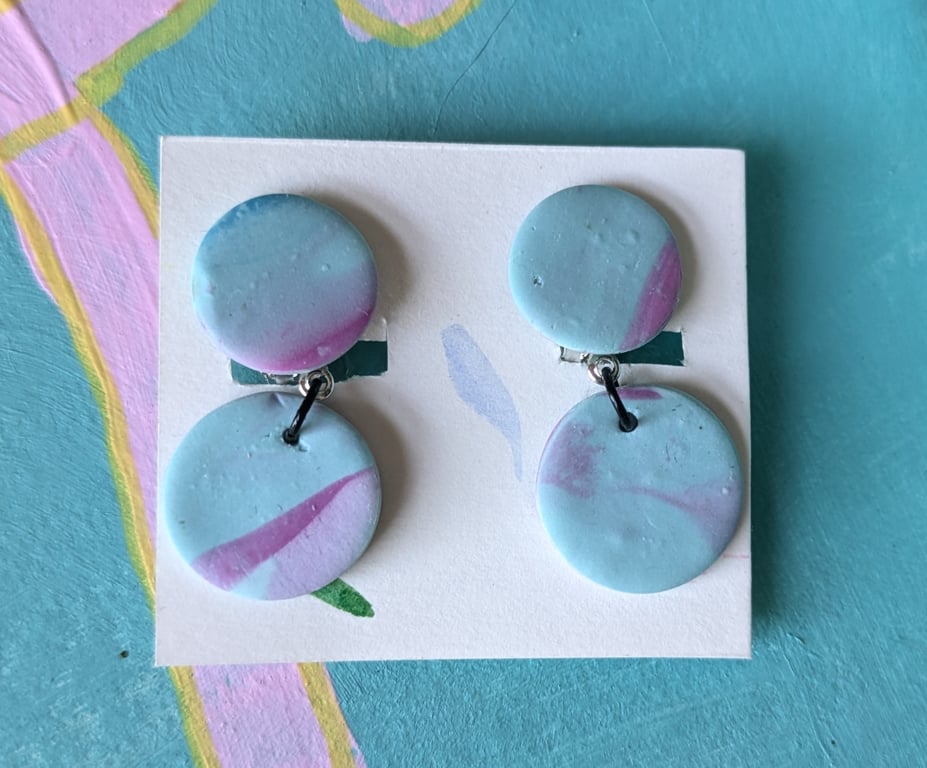 Marbled Blue and Pink CLIP ON Dangly Earrings