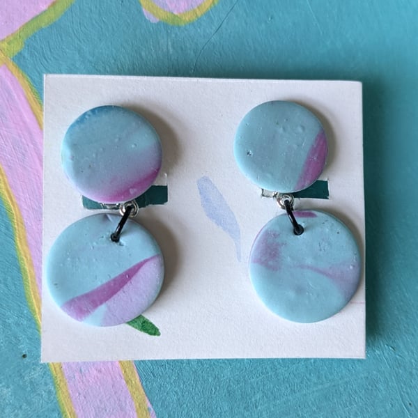 Marbled Blue and Pink CLIP ON Dangly Earrings