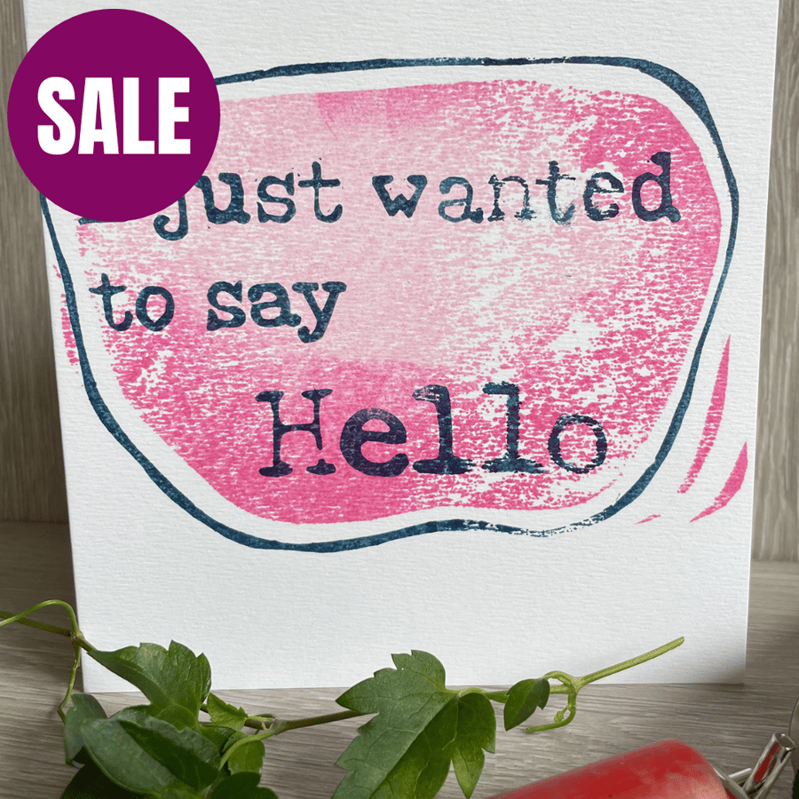 Hello handprinted greeting card in pink linocut design