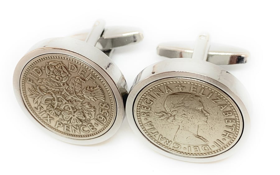 Luxury 1958 Sixpence Cufflinks for a 66th birthday. Original British sixpences 