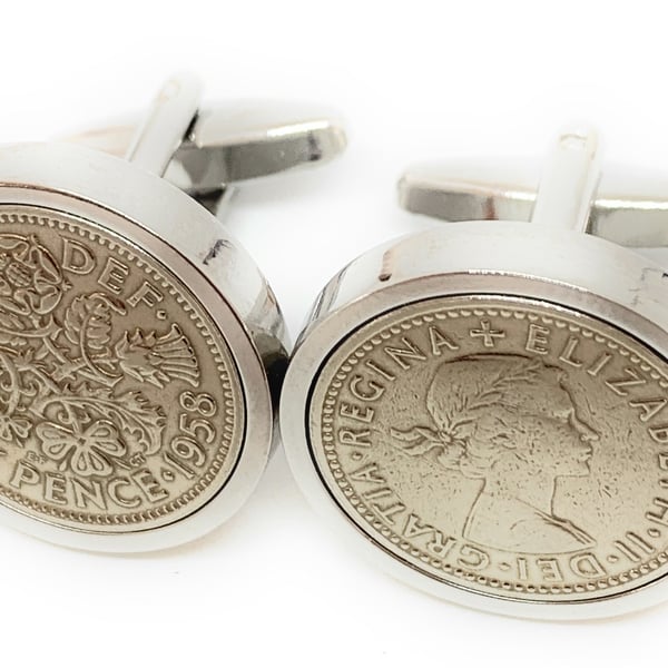 Luxury 1958 Sixpence Cufflinks for a 66th birthday. Original British sixpences 