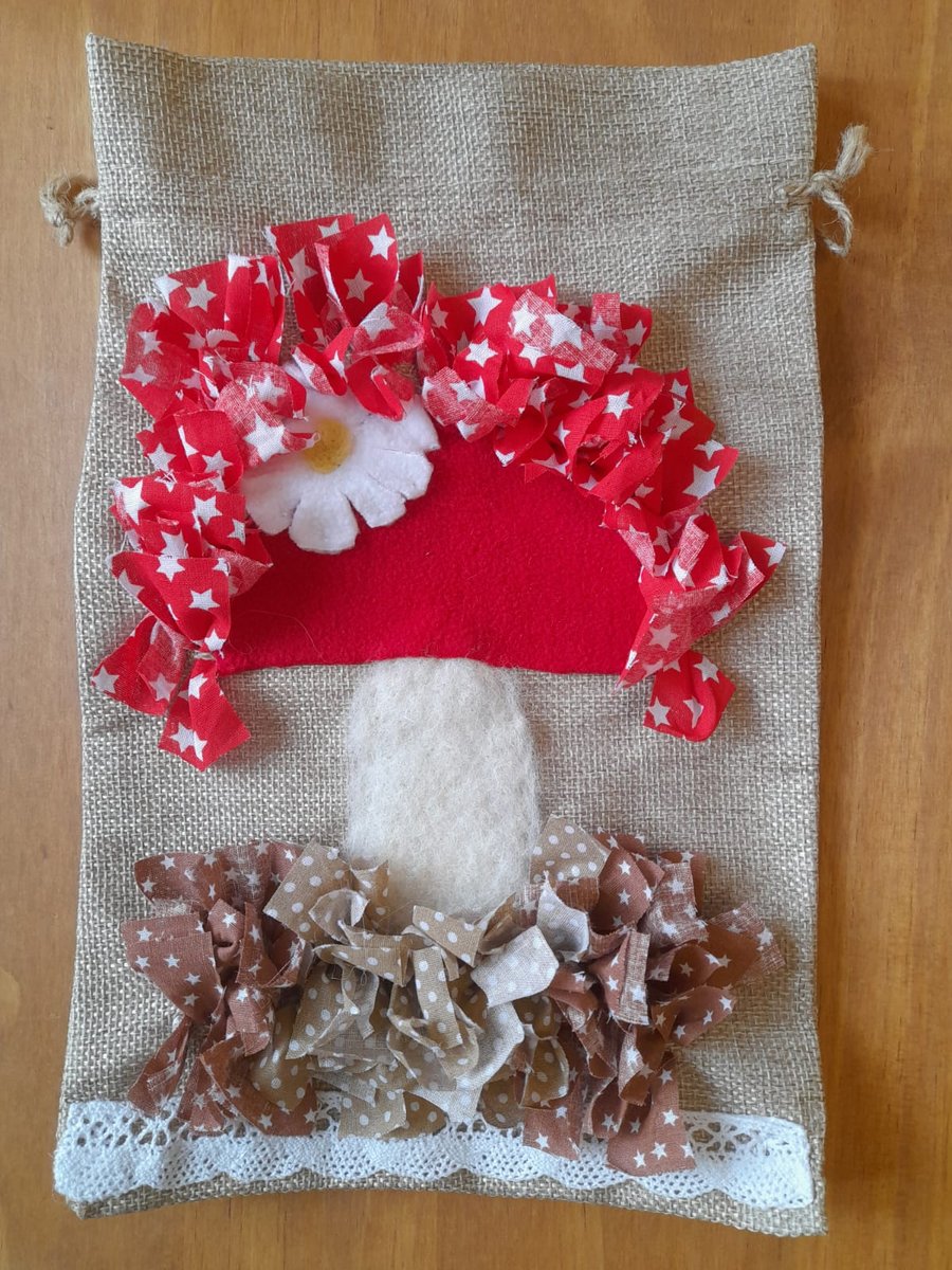Rag Rug Drawstring Bag with mushroom design 