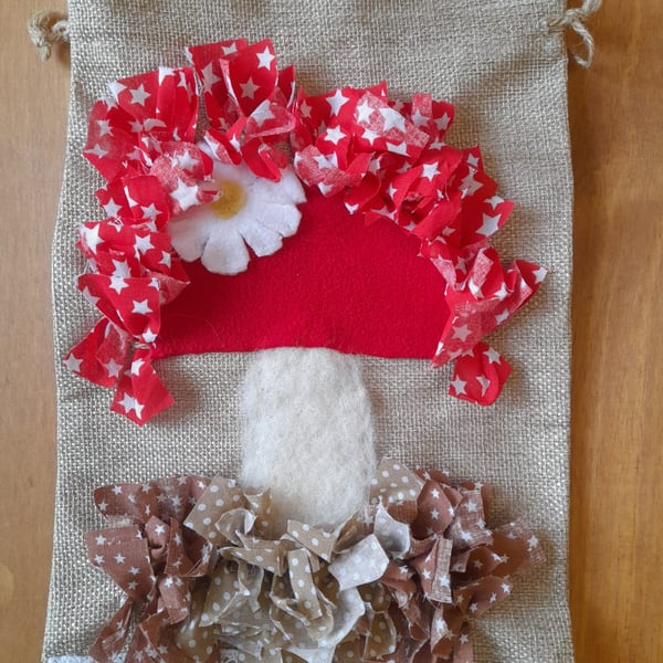 Rag Rug Drawstring Bag with mushroom design 