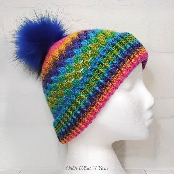 Crochet hat, beanie. Rainbow granny stitch pom pom hat. Rainbow beanie hat.