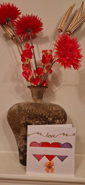 Valentine's Hearts colourful handmade card with bow & ribbon