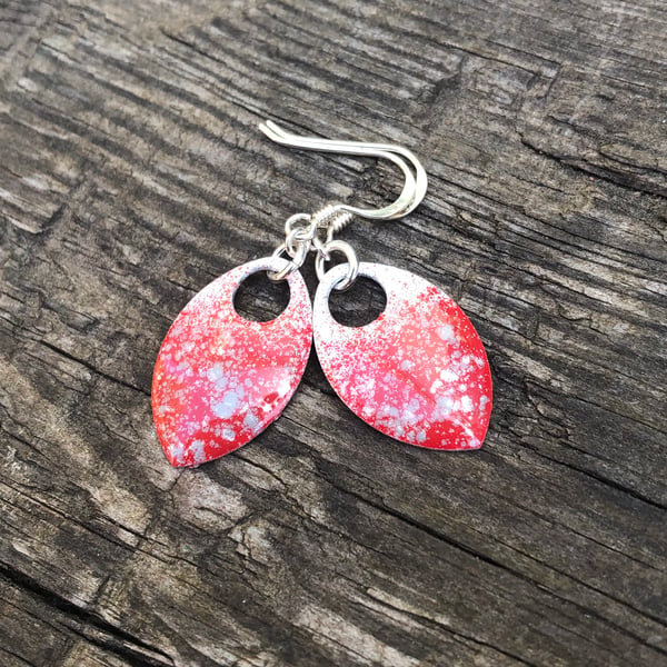 ‘Darla’ Red, white and grey enamel scale earrings. Sterling silver. 