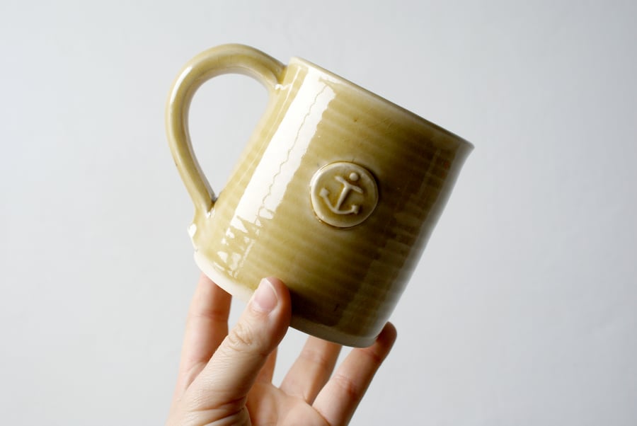 Sale - Set of two amber mugs with anchor design