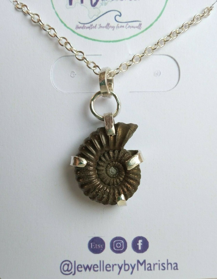 Pyrite Ammonite Fossil Pendant Claw Set in Sterling Silver on 18" 46cms Necklace
