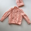 Cable and bobble hand knitted baby cardigan and hat