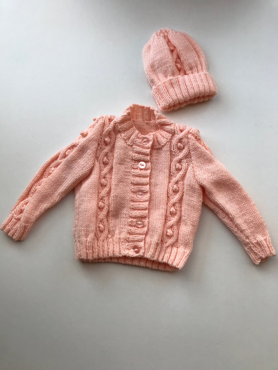 Cable and bobble hand knitted baby cardigan and hat